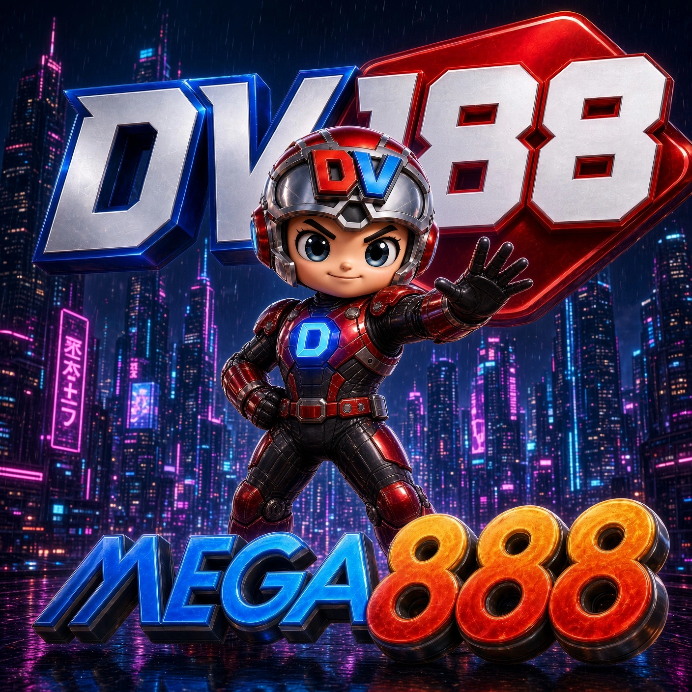 Mega888 and DV188 game artwork with an outstretched-hand mascot and neon towers